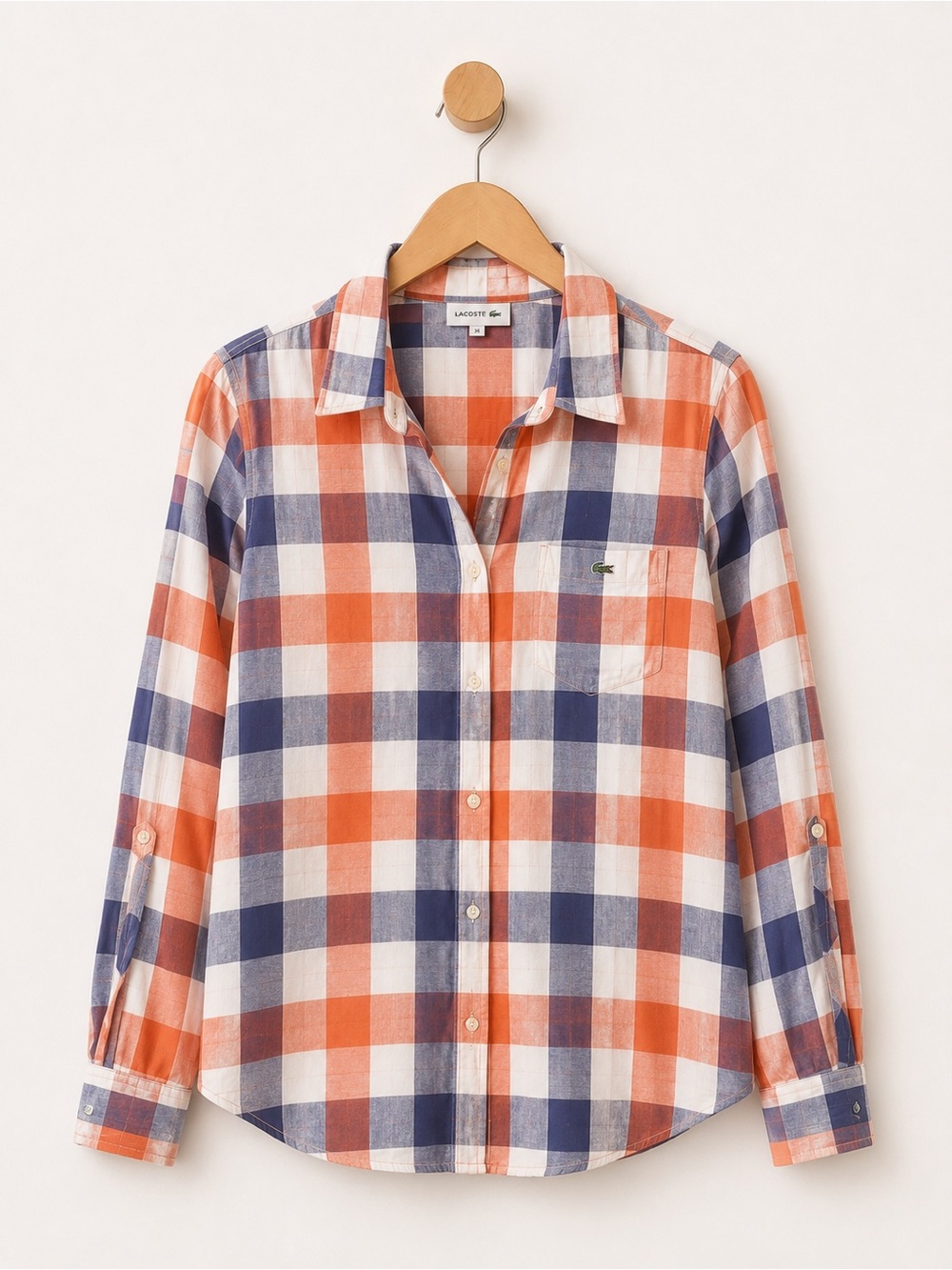 Lacoste blue and orange checkered long sleeve button down